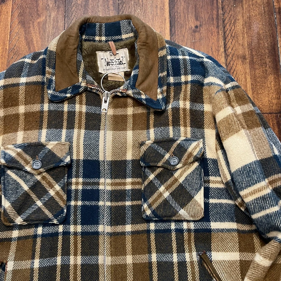 Jaqueta Woolrich Masculina Vintage XL Azul Marrom Xadrez Lã Sherpa Forrada Zíper Frontal - Imagem 3 de 4