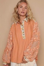 POL Floral Half Button Lace Detail Long Sleeve Top