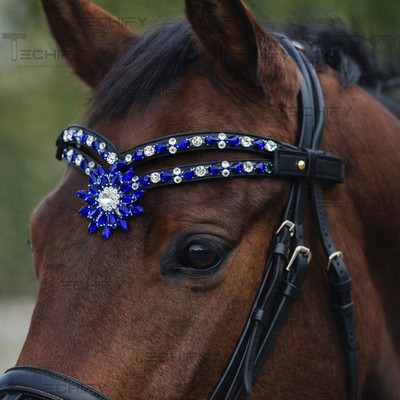 Blue Crystal Double Row Horse Browband Sunburst Bling Black Leather