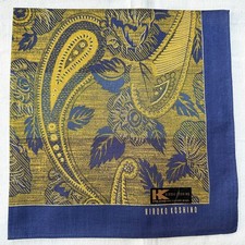 Vintage Handkerchief Blue Cotton Gold Paisley Floral Oriental Pocket Square 18"