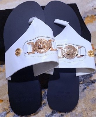 Women s White/Gold/Black Logo Slide Sandals Leather Slip On Casual US 9