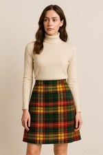 Vtg 70s Wool Plaid Tartan Skirt Bright Academia School Girl Preppy Mod Handmad