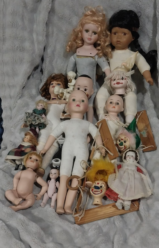 LOT of Porcelain Clown Feet, Doll Heads, Dolls, Stands, and Hair/Wigs