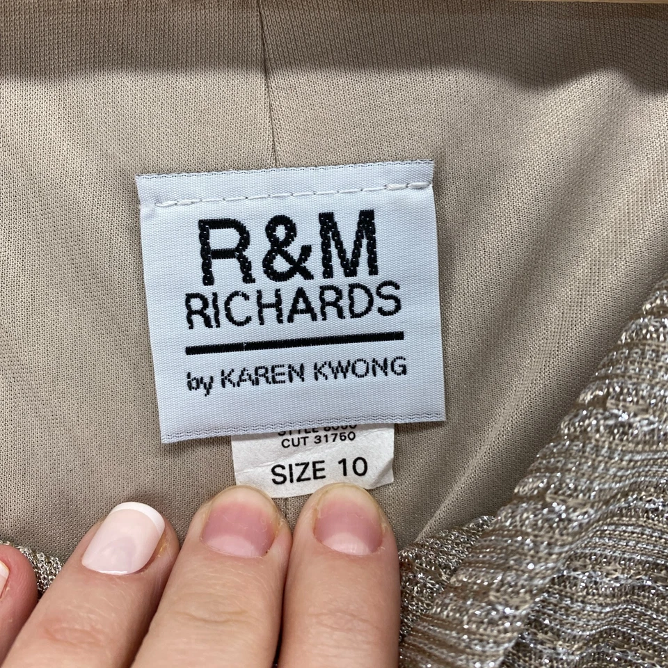 Vestido R&M Richards Mujer 10 Beige Maxi Largo Forrado Metálico Estrás Informal Foto 3 de 4