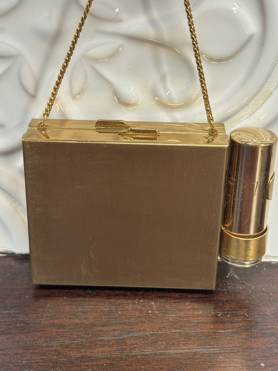 compact mirror cigarette case Vintage Deco Gold Tone Makeup Compact Case Lipstick Mirror Cigarette Carry  All