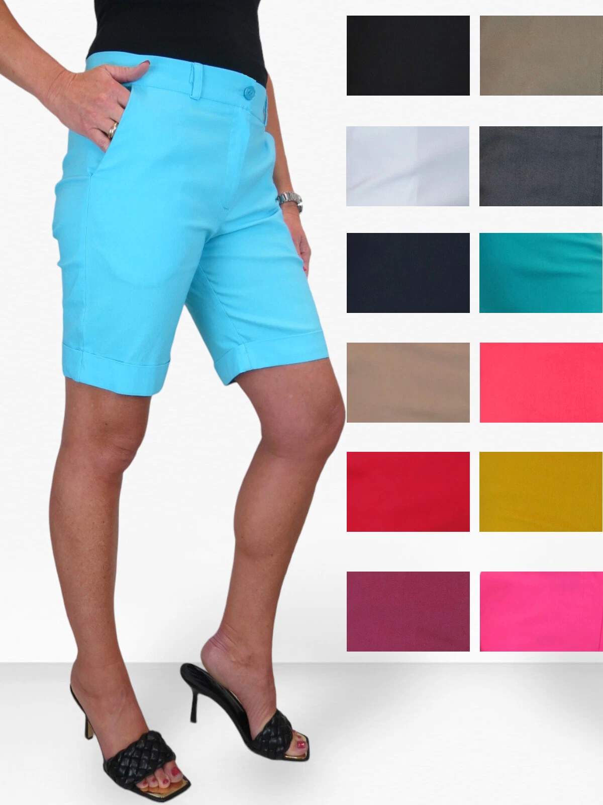 Ladies Stretch Above Knee 10" Turn-Up Shorts Mid Rise Summer Pants 8-22