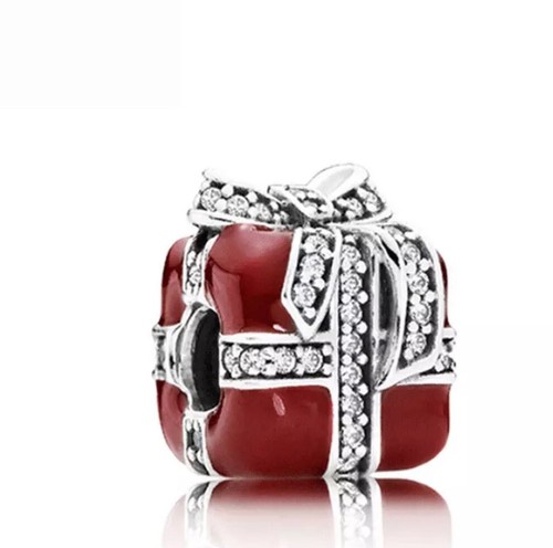 NEW SILVER Plated Red Gift Wrapped Christmas PRESENT Sparkle BOW Slide Charm - 第 1/2 張圖片