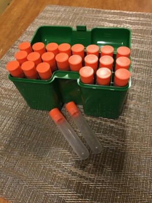 Green Ammo Box w/ 22 Blackhorn 209 Black Powder Charge Tubes & two extra tubes