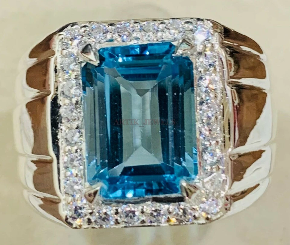 Natural Blue Topaz Gemstone with 925 Sterling Silver Ring for Men's AJ489 - Image 2 of 4