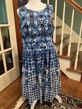 Talbots Blue Floral Ombre Gingham Plaid Printed Fit & Flare Pleated Dress 12