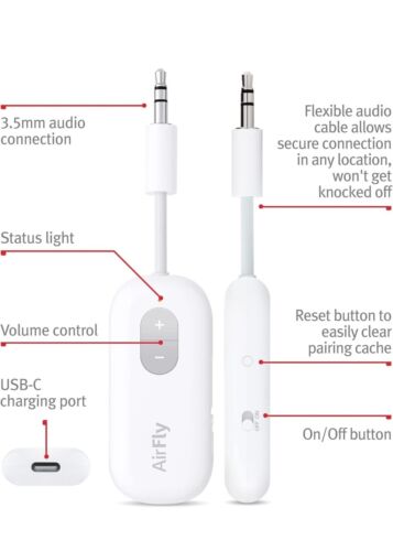 AirFly Pro Bluetooth Wireless Audio Transmitter/Receiver WHITE Color Open Box - Picture 3 of 4