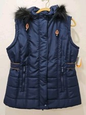 Vibtage Sporto Womens Puffer Vest Jacket W Hood Fur Trim Sz L Navy