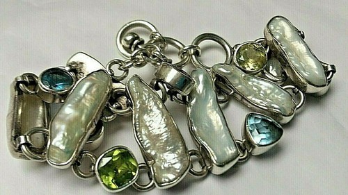 Peridot, Topaz, Amethyst, Citrine, Biwa Pearls Charles Albert Bracelet ESTATE - Picture 6 of 7