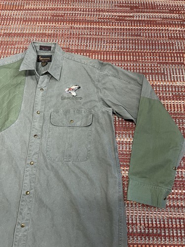 Vintage Browning Hunting Shirt Sz. Large Padded Shoulder Green Quail Embroidery - Picture 3 of 12