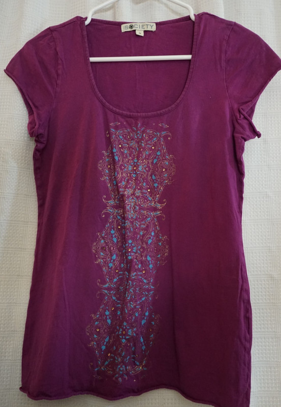 Society S purple short sleeve new age design print t shirt free bounus shirt