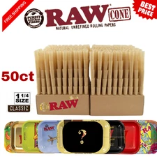 RAW Cones Classic Black 1 1/4 Size 50ct Random 11 x7 Rolling Tray