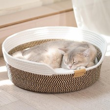 Handwoven Cat Basket Bed Cooling for Indoor Cat with Cushion Cotton Rope Pe...