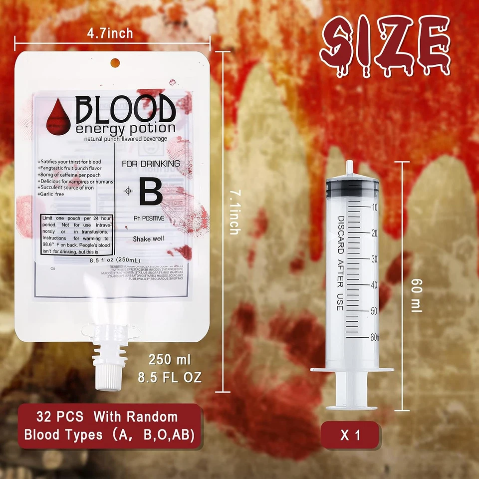 32 Piezas Bolsas de Sangre de Halloween para Beber, Bolsas de Beber Fiesta de Vampiros, Jugo Foto 2 de 4