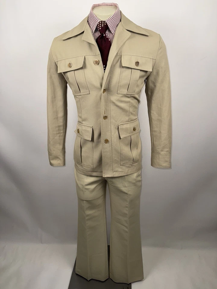 De Colección Años 60 70 Sears Traje de Ocio Para Hombres 40 Chaqueta Abrigo 32 32 Pantalones Campana Parte Inferior Discoteca Foto 3 de 4