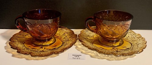 2 Indiana Tiara Glass Burnt Honey SWEET PEAR Avocado Cup & Saucer Sets