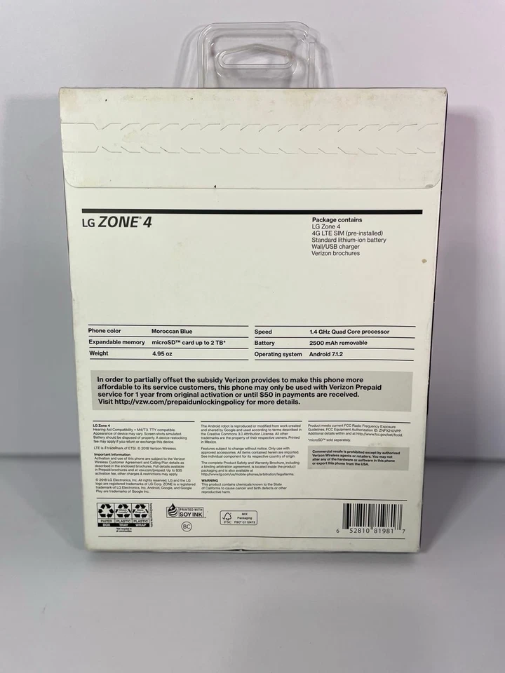 Verizon Wireless smartphone LG Optimus Zone 4 Prepaid Moroccan Blue 16GB - NEW - Image 3 of 3