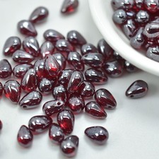 50 Beads - 6x9mm Drop Top-Hole - Ruby Red White Luster Lumi - Czech Glass