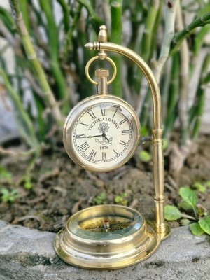 Brass Shiny Polished Table Clock and Compass Desk Handmade Item