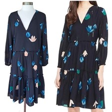 Ann Taylor Tulip Tiered Dress Size 14 Dark Floral Chiffon Long Sleeve