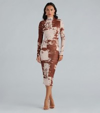 Windsor Abstract Brown & Cream Mock Neck Mesh (w/ Slip) Midi Bodycon Dress