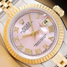 ROLEX LADIES DATEJUST 69173 PINK ROMAN DIAL 18K YELLOW GOLD STEEL JUBILEE WATCH