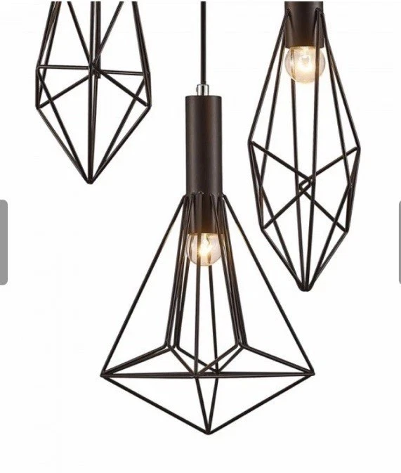 Statement Light Fitting Cluster Pendant Ceiling Light Black Geo 3 Bulb cage - Image 2 of 3