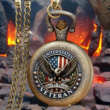 Pocket Watch USA Veteran American Flag Eagle Quartz Watch W3