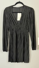 NWT Black Zara Mini Dress Accordion Pleats Size M Long Sleeve V Neck