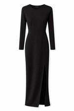 SexyModest Brigitte Brianna Black Maxi Dress Long Sleeve Slit Minimalist S NWT