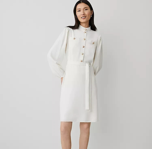 Ann Taylor ausgestelltes Kleid mit Stehkragen zum Binden und goldenen Knöpfen Damen 12 Weißgold Puff