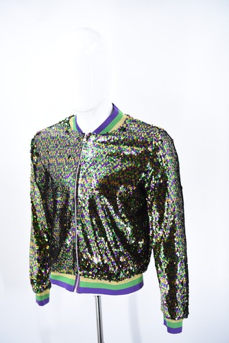 Mardi Gras Sequin Green/Purple/Gold Full Zip Lightweight Bomber Jacket Sz L - Picture 5 of 24