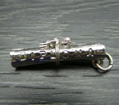 Vintage Sterling Silver School Graduation Diploma Ribbon 3D Pendant Charm 