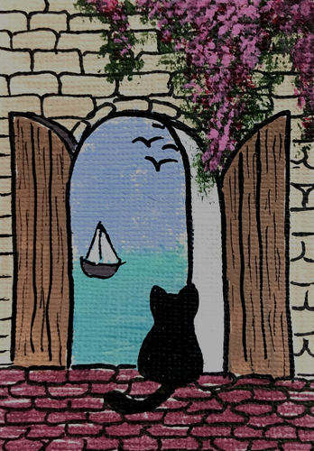 ACEO Mini *Art Print* Card Black Kitty Cat Kitten & Sea by Saulite