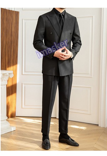 Chaqueta de rayas negra para hombre traje de doble pecho banquetes de negocios traje ajustado - Imagen 21 de 25