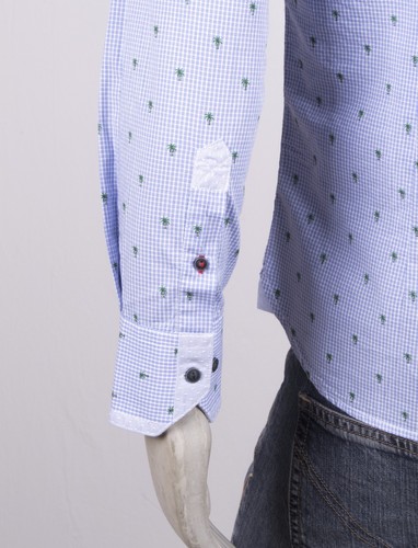 CAMICIA AL MILANO CELESTE QUADRETTI CELESTE CON STAMPA PALME E INTARSI SLIM FIT - Foto 7 di 8