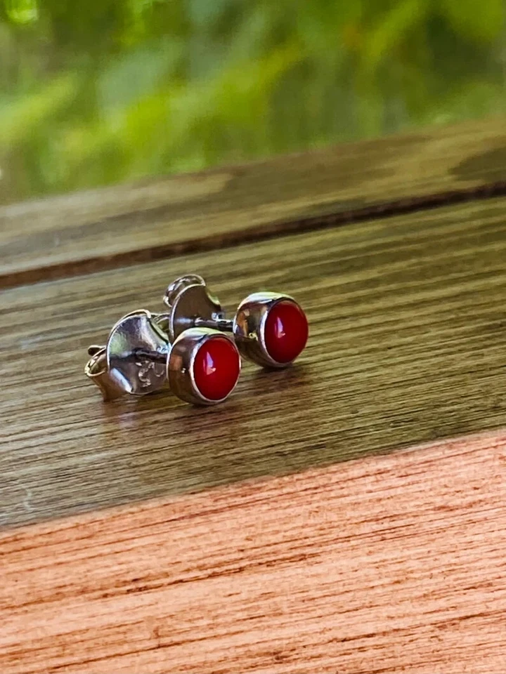 925 Argento Sterling Gioielli Set Creato IN Laboratorio Rotondo Rosso Corallo - Immagine 3 di 4