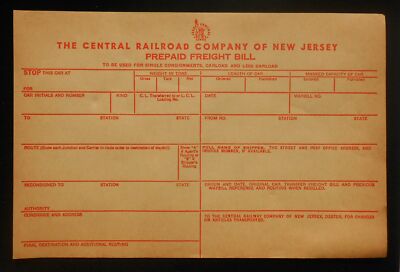 1940s? The Central Railroad Company of New Jersey Prepaid Freight Bill CNJ Form