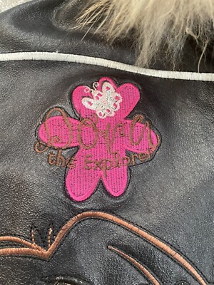 DORA THE EXPLORER KIDS EMBROIDERED BLACK LEATHER JACKET W/HOOD SZ