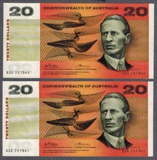 1972 Australia Phillips/Wheeler $20 Cons Pair NOTES aUNC XGG 751940 - XGG 751941