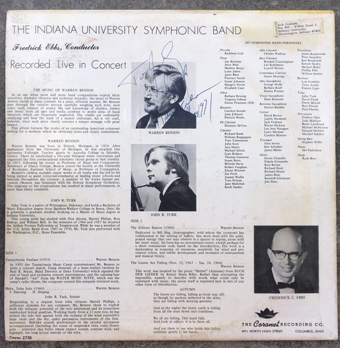 Signed by Warren Benson, The Music of Warren Benson, Indiana University Symphony - Picture 3 of 3