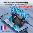 Chargeur pour iPhone Xiaomi Samsung 65W USB 3.0 + USB C Rapide EU Noir Smart
