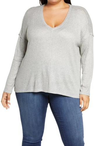 New Gibsonlook V-Neck High/Low Thermal Knit Top Heather Grey Size 1X