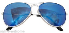 SILVER AVIATION STYLE METAL FRAME SUNGLASSES SHADES UV400 MIRRORED LENS BLUE