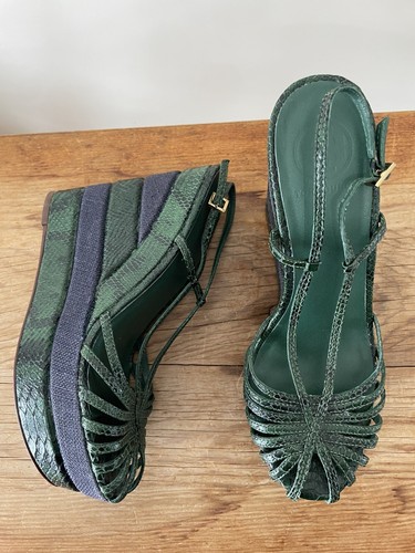 Tory Burch Snakeskin Platform Wedge Shoes Heels Green Blue Women’s Sz 7.5 - Picture 8 of 10