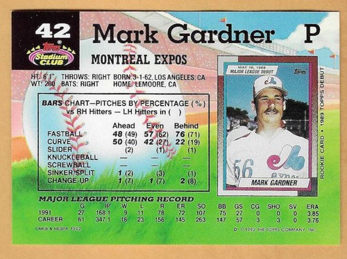 MARK GARDNER MONTREAL EXPOS #42 - TOPPS STADIUM CLUB CASI NUEVO-MT 1992 - Imagen 2 de 2